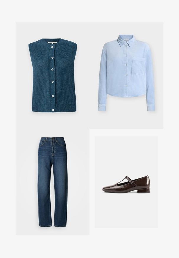 TOM TAILOR DENIM SOFT VEST - Vest - dark sea petrol; Lyseblå kordfløjls-skjorte med klassisk krave, lange ærmer, brystlomme foran og knaplukning. Har et tekstureret ribbet mønster.; Mørkeblå denimjeans med afslappet pasform, høj talje, fem-lomme design og synlige syninger. Stoffet har en glat tekstur.; Brune Mary Jane-sko i laklæder med en rundet tå, udskæringsdesign og justerbar rem. Lav blokhæl.