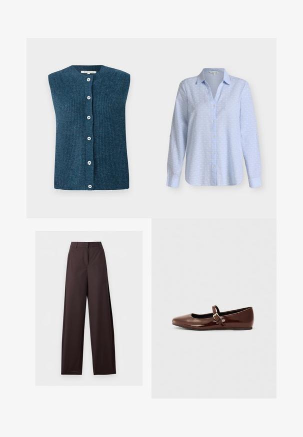 TOM TAILOR DENIM SOFT VEST - Vest - dark sea petrol; Lyseblå skjorte med lange ærmer, knapper foran, med hvidt prikket mønster og spids krave på ensfarvet baggrund.; Mørkebrune bukser med lige ben, bæltestropper, frontlynlås og sidelommer, vist fladt på en hvid baggrund.; Brun patentlæder balletflade med firkantet tå og strop med en lille guldbuckle. Glat tekstur, lav hæl og minimalistisk design.