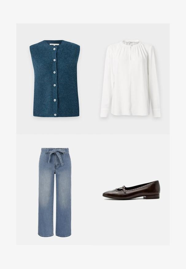 TOM TAILOR DENIM SOFT VEST - Chaleco - dark sea petrol; Blusa blanca de manga larga con cuello redondo, detalles plisados y cierre de botones en la parte delantera. Fabricada en una tela ligera y texturizada.; Vaqueros de pierna ancha de tiro alto en azul claro con cinturón de tela anudado y bolsillos delanteros, con un efecto de lavado ligeramente desteñido.; Zapato Mary Jane de piel patentada marrón oscuro con tacón bajo, puntera redondeada y pequeña correa con hebilla en la parte superior.