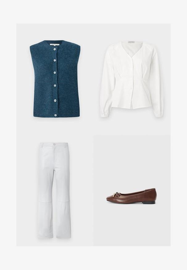 TOM TAILOR DENIM SOFT VEST - Vest - dark sea petrol; Hvid langærmet bluse med V-hals, knaplukning foran, figursyet talje og elastiske manchetter, vist på en ensfarvet baggrund.; Hvide, tapered bukser lavet af glat stof; har en forlommes, syede sømme og en knaplukning. Ingen mønstre eller udsmykninger.; Brune læderballetsko med rund tå, lille sort hæl og en dekorativ sløjfe med guldaccenter foran. Glat tekstur.