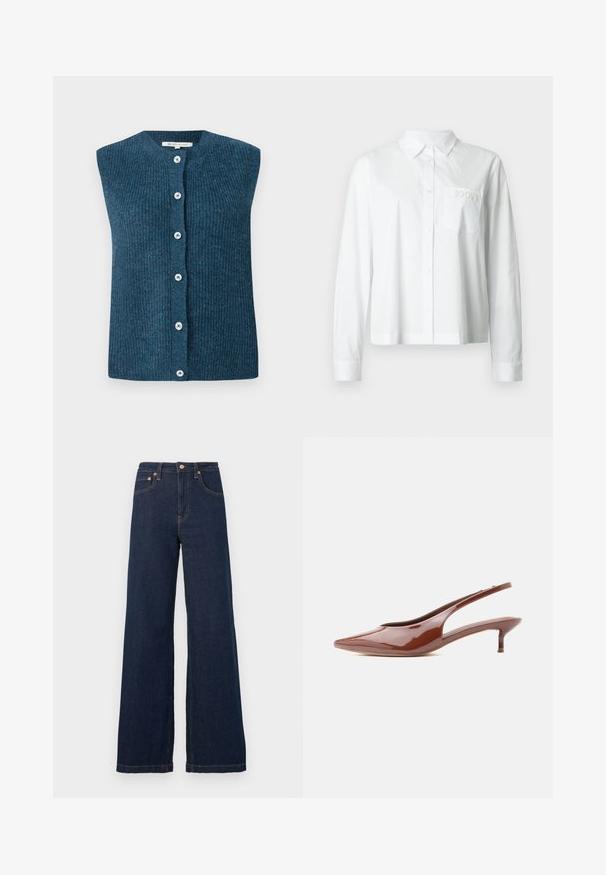 TOM TAILOR DENIM SOFT VEST - Liivi - dark sea petrol; Valkoinen pitkähihainen paita, jossa on kauluskääritykset, edessä tasku, jossa on kirjailtu "JOOP!"-teksti, ja rento istuvuus. Valmistettu puuvillasta.; Tummansiniset korkeavyötäröiset leveälahkeiset farkut, joissa on etutaskut, vyölenkit sekä kuparinväriset napit ja niitit.; Kiiltävä ruskea slingback-tyylinen kitten-heel korkokenkä, jossa on terävä kärki ja matala, kapea korko valkoisella taustalla.