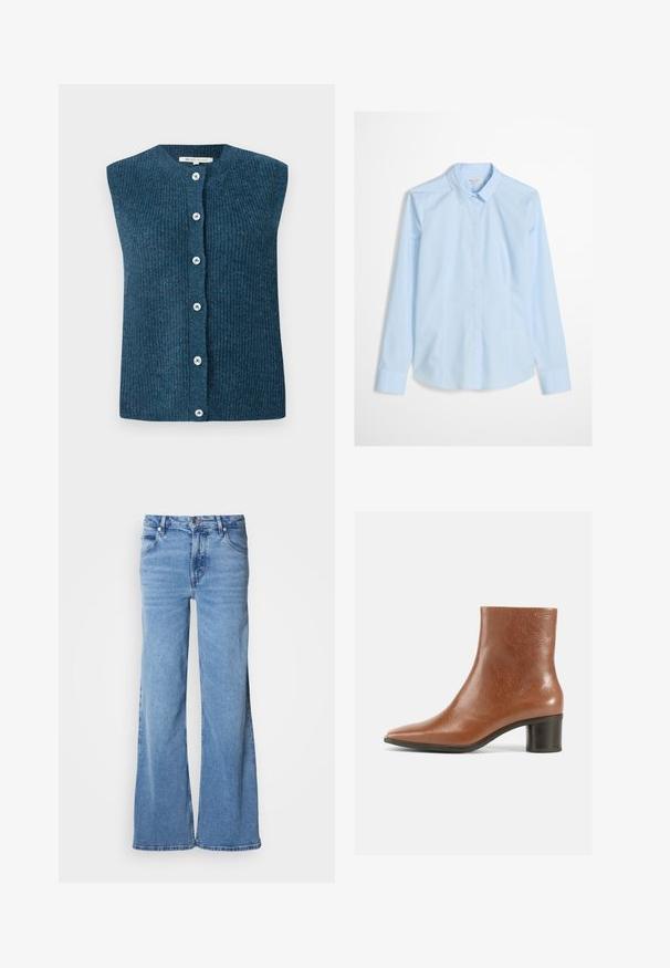TOM TAILOR DENIM SOFT VEST - Vest - dark sea petrol; Lyseblå skjorte med knapper og lange ærmer, klassisk krave og et subtilt logo broderet på brystet. Glat, skarpt stoftekstur.; Lyseblå jeans med vid ben lavet af denim. Har et klassisk fem-lomme-design og synlig knaplukning. Blød tekstur og enkel finish.; Brun læder ankelstøvle med spids tå, tekstureret finish og en medium blokhæl. Enkel design uden synlige beslag eller mønstre.