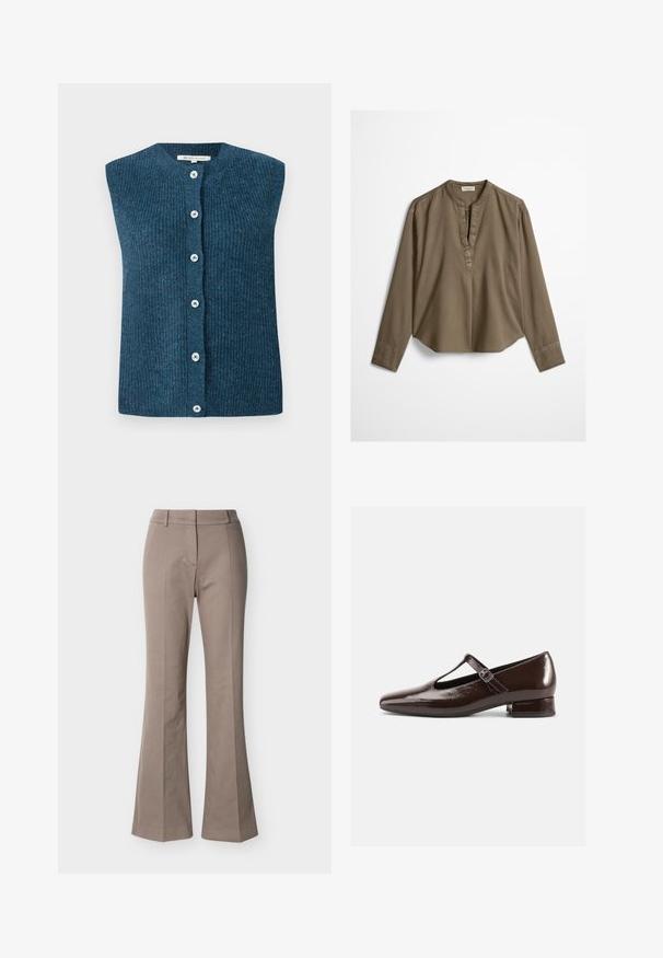 TOM TAILOR DENIM SOFT VEST - Bodywarmer - dark sea petrol; Bruine casual blouse met lange mouwen, mandarijnkraag, plooitje aan de voorkant en licht gebogen zoom, plat uitgestald op een witte achtergrond.; Beige hoge taille broek met wijde pijpen, details van een voornaad, broekriemlussen en een verborgen sluiting aan de voorkant, weergegeven op een witte achtergrond.; Bruine lakleren Mary Jane-schoenen met een afgeronde neus, een uitgesneden ontwerp en een verstelbare riem. Lage blokhak.