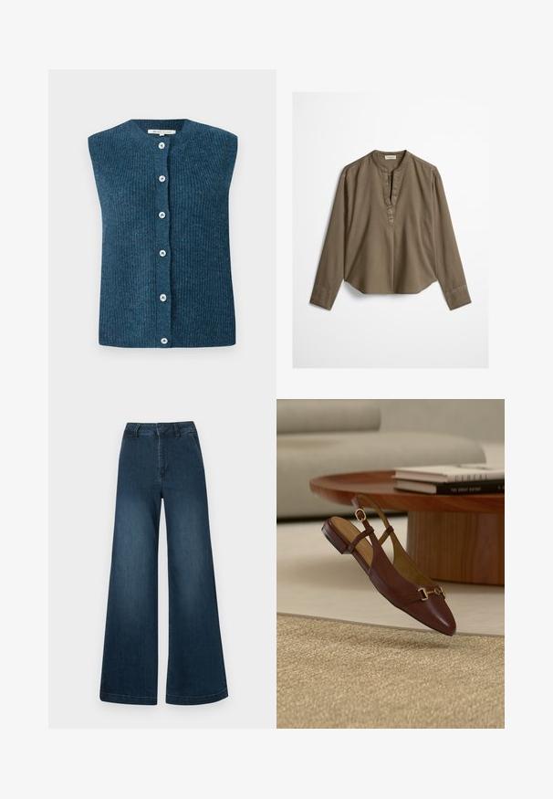 TOM TAILOR DENIM SOFT VEST - Vesta - dark sea petrol; Hnedá dlhá županová blúzka s mandľovým golierom, prednou záševkou a mierne zaobleným lemom, rozložená na bielom pozadí.; Tmavomodré džíny s vysokým pásom a širokými nohavicami, s prednými vreckami a pútkami na opasok na bielom pozadí.; Hnedý kožený slingback plochý topánok so zlatou prackou, položený na béžovom textúrovanom koberci blízko okrúhleho dreveného stola s naskladanými knihami.