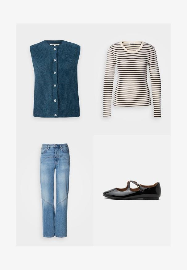 TOM TAILOR DENIM SOFT VEST - Chaleco - dark sea petrol; Camiseta de manga larga a rayas con rayas horizontales en negro y crema, cuello redondo y corte slim. Material de algodón suave.; Los vaqueros de denim azul claro presentan un corte relajado, piernas anchas y detalles de costura curvados. La tela tiene una textura suave con un ligero desgaste.; Zapato plano Mary Jane de charol negro con dos recortes y una correa con hebilla dorada sobre fondo blanco.