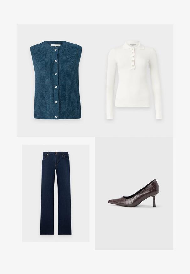 TOM TAILOR DENIM SOFT VEST - Bodywarmer - dark sea petrol; Witte ribgebreide poloshirt met lange mouwen, vijf knopen en een omgeslagen kraag op een effen achtergrond.; Donkerblauwe straight-leg spijkerbroek met vijf zakken en een knoopsluiting in de taille.; Bruine nepleren pumps met een puntige neus en krokodillenstructuur, voorzien van een slanke, hoekige hak en een gladde binnenvoering.