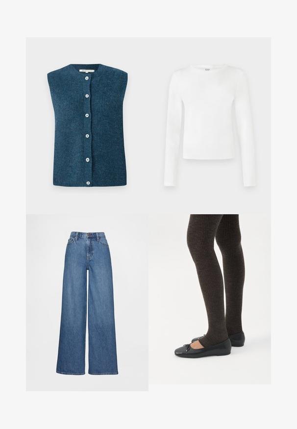 TOM TAILOR DENIM SOFT VEST - Vest - dark sea petrol; Langærmet T-shirt med rund hals i solid hvidt stof. Har en tætsiddende silhuet med en glat tekstur og et diskret mærkelogo ved halsudskæringen.; Vidbenede jeans i mediumblåt denim, med høj talje, bæltestropper og knaplukning. Glat tekstur med få syningsdetaljer.; Ben iført mørke ribbede leggings kombineret med sorte balletsko med små sløjfedetaljer på hvid baggrund.