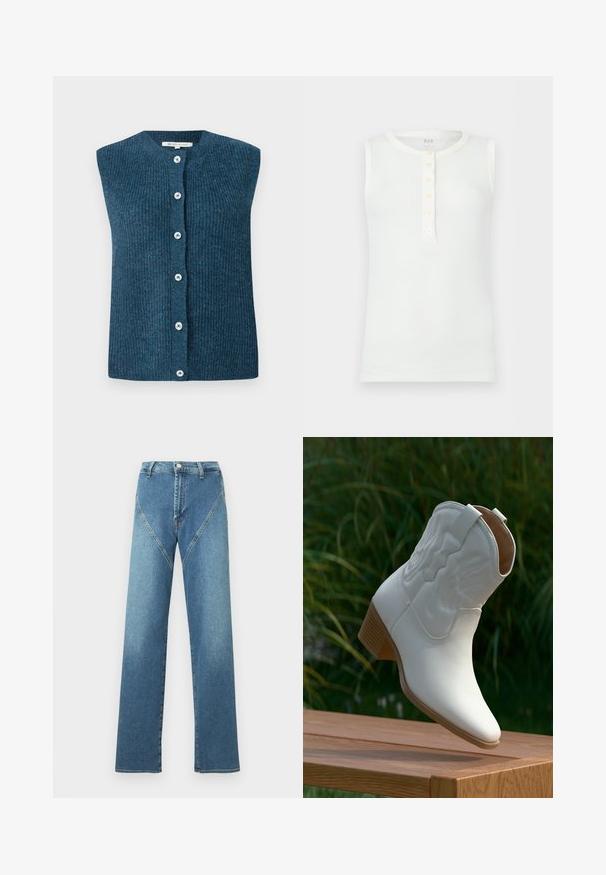 TOM TAILOR DENIM SOFT VEST - Vest - dark sea petrol; Valge varrukateta soonikkoes puuvillane topp ümar kaelusega ja viie nööbiga esitükk, asetatud heledale taustale.; Helesinised sirgete säärtega teksapüksid kõrge vöökoha ja kontrastvärvi kõverate õmblustega ning viie taskuga. Valmistatud denimmaterjalist.; Valge keskpikk nahast kauboisäärik dekoratiivse õmblusega ja kuhjatud puidust kand, mis toetub tõrva pinnale õues.