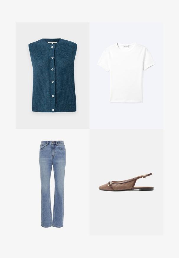 TOM TAILOR DENIM SOFT VEST - Chaleco - dark sea petrol; Camiseta blanca lisa de manga corta con cuello redondo y una pequeña etiqueta "WEEKDAY" dentro del cuello, mostrada extendida sobre un fondo claro.; Jeans de mezclilla azul claro con cintura alta, diseño de pierna recta, cinco bolsillos, costuras visibles y una textura ligeramente desgastada.; Zapato plano marrón de punta puntiaguda con tira trasera, textura tejida, borde oscuro, pequeño cierre dorado y tacón bajo negro sobre fondo blanco.