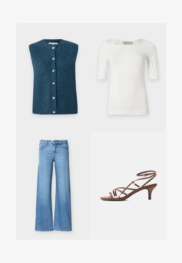 TOM TAILOR DENIM SOFT VEST - Vest - dark sea petrol; Hvid top med korte ærmer og firkantet udskæring, lavet af et glat stof med subtile sømdetaljer på skuldrene og siderne.; Lyseblå denimjeans med høj talje, knap- og lynlåslukning, forlommer og vide ben.; Brun sandal med tynde stropper, ankelspænde og mellemhøj hæl, vist fra siden på hvid baggrund.