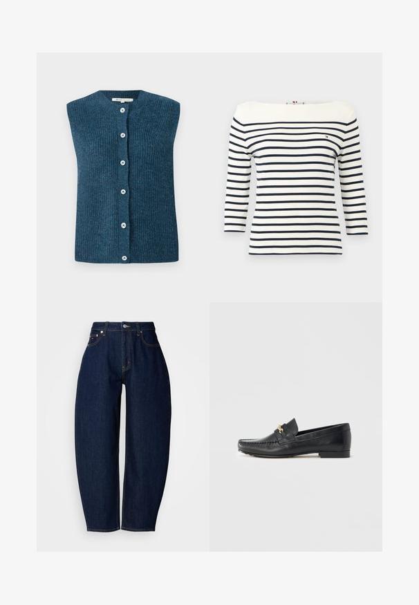 TOM TAILOR DENIM SOFT VEST - Vest - dark sea petrol; Hvid langærmet skjorte med vandrette mørkeblå striber og et lille Tommy Hilfiger-logo på venstre bryst.; Mørkeblå denim jeans med en afslappet pasform, lige ben, fem lomme-design og kontrasterende gule syninger. Metal knaplukning i taljen.; Sort læderloafer med dekorativt guldhardware, syningsdetaljer, en let spids tå og en flad, minimalistisk sål.