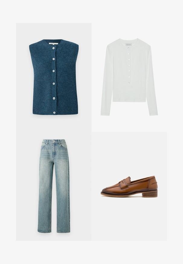 TOM TAILOR DENIM SOFT VEST - Vest - dark sea petrol; Hvid langærmet top lavet af ribbet stof, med en rund halsudskæring og en knaplukning foran med seks klare knapper.; Copenhagen Muse JEANNE PANTS - Jeans Relaxed Fit - medium dirty washed denim; Brune læder loafers med en struktureret vævet frontpanel, rund tå og lav stablet hæl. Glat finish med diskret stikningsdetalje.