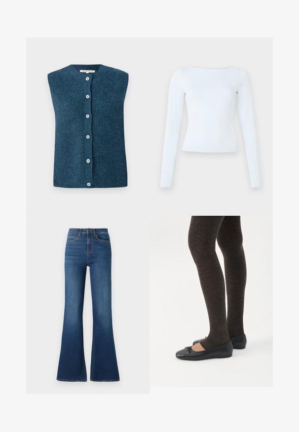 TOM TAILOR DENIM SOFT VEST - Vest - dark sea petrol; Langærmet, lyseblå tætsiddende bluse med bådudskæring og enkelt, rent design på en ensfarvet baggrund.; Flared denim jeans lavet af medium-vægt bomuldsmateriale, med en dyb blå vask, kontrasterende syninger og et traditionelt fem-lomme design.; Ben iført mørke ribbede leggings kombineret med sorte balletsko med små sløjfedetaljer på hvid baggrund.