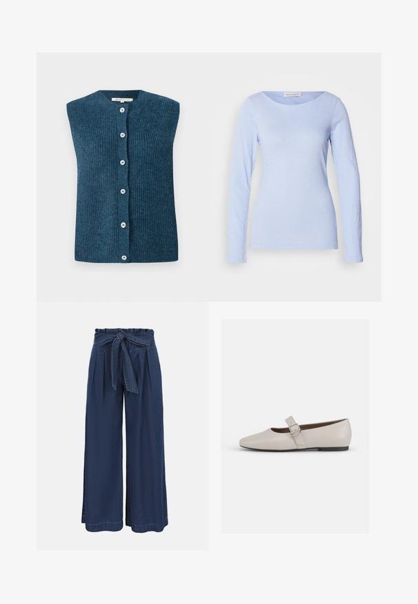 TOM TAILOR DENIM SOFT VEST - Vest - dark sea petrol; Lys blå langærmet skjorte med rund halsudskæring, lavet af blødt, tekstureret stof, med subtile tonale variationer og en tætsiddende pasform.; Marineblå bukser med høj talje, vide ben, plisseret front og et stofbælte bundet i taljen.; Beige læder Mary Jane flad sko med spids tå, ankelrem og en sølvspænde detalje, der har en lav sort hæl.