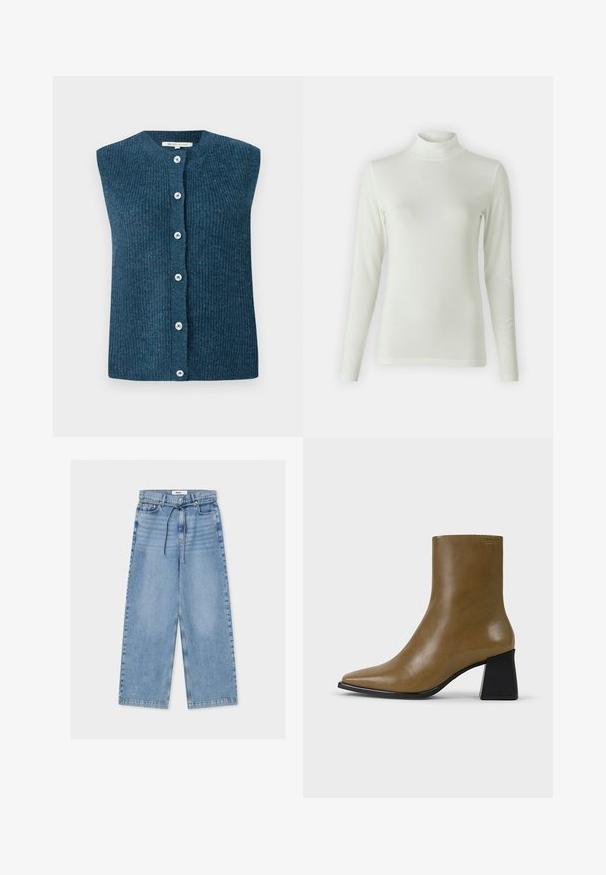 TOM TAILOR DENIM SOFT VEST - Bodywarmer - dark sea petrol; Lange mouwen turtleneck-top in lichtcrème, gemaakt van een soepele, rekbare stof. Verstelbaar ontwerp met een geribbeld patroon bij de halslijn.; Lichtblauwe wijde jeans met hoge taille, knoop- en ritssluiting, voorzakken en een dunne koordceintuur.; Bruine leren enkellaars met een spitse neus, een strak ontwerp en een gestructureerde afwerking. Beschikt over een contrasterende zwarte blokhak.