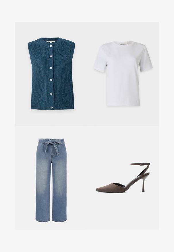 TOM TAILOR DENIM SOFT VEST - Bodywarmer - dark sea petrol; Witte t-shirt met korte mouwen van gladde katoen. Heeft een ronde halslijn en rechte zoom, zonder patronen of versieringen.; Lichtblauwe high-waist wijde jeans met een stoffen ceintuur en zakken aan de voorkant, met een licht vervaagd waseffect.; Bruine suède hoge hakken met spits toelopende neus, dunne enkelriem en zilveren gesp op een witte achtergrond.