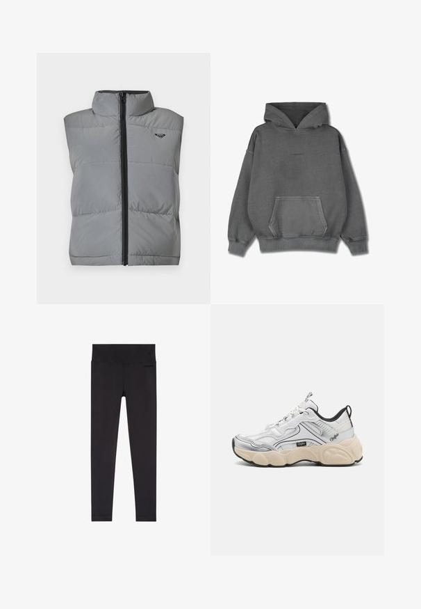 Ærmeløs grå polstret vest med høj krave, sort lynlås foran og lille sort logo på venstre øverste bryst.; Pegador CLARITA LOGO OVERSIZED HOODIE - Hættetrøje - vintage grey grey gum; Sorte ribstrikkede leggings med bred talje og glat tekstur. Ingen bemærkelsesværdige mønstre eller pynt. Fuldlængdesdesign.; Hvid sportsko med mesh- og syntetiske paneler, sølvdetaljer, chunky creme farvet sål og kontrasterende sorte detaljer. Har snøresystem.