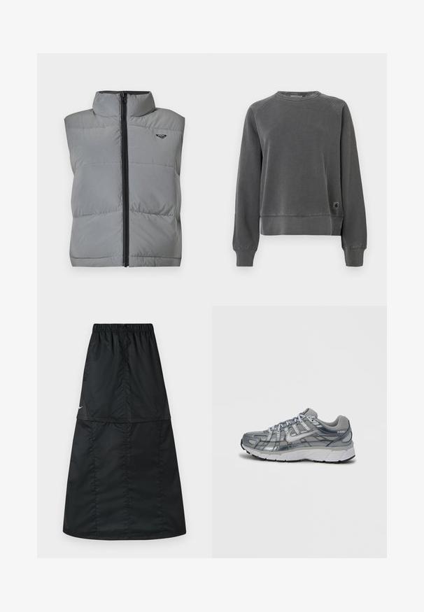 Ærmeløs grå polstret vest med høj krave, sort lynlås foran og lille sort logo på venstre øverste bryst.; Crewneck sweatshirt i mørkegrå stof med ribbede mansjetter og kant, samt et lille logo-patch på den nederste side. Blød tekstur.; Sort atletisk nederdel lavet af let, glat nylonstof. Har elastisk taljebånd og et enkelt, langt, A-formet design.; Grå atletiksko med mesh-overdel, metaliske detaljer og hvid sål. Har snøresystem og teksturerede detaljer for bedre greb.