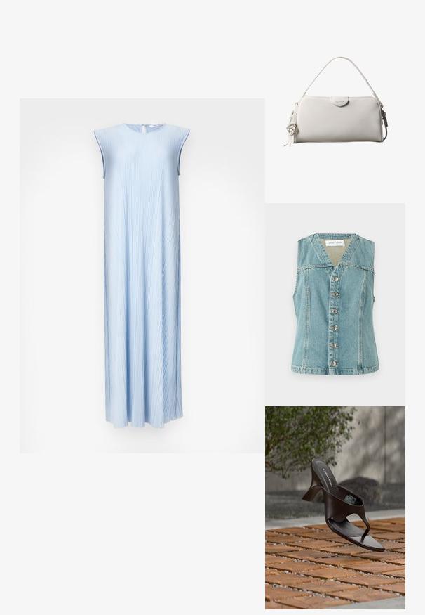 Lichtblauwe denimvest met een V-hals, mouwloos ontwerp, sluiting met knopen aan de voorkant met zilveren accenten, en een getailleerde pasvorm.; Lichtblauwe plissé zonder mouwen jurk met een ronde halslijn en een keyhole sluiting op de rug. Vloeiende A-lijn vorm, gladde textuur en subtiele glans.; Bruine Calvin Klein teenslipper met hak, hangend boven houten tegels en grind op een buitenvloer met een vage achtergrond van groen en stenen.; Witte rechthoekige Calvin Klein handtas met enkele handgreep, minimalistisch ontwerp en decoratieve kwastjes met geometrische metalen hanger aan de zijkant.