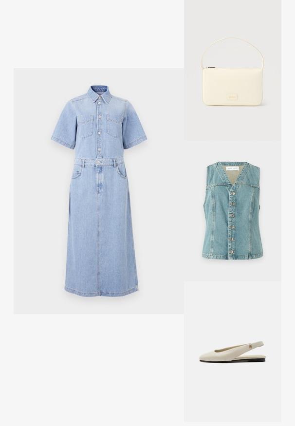 Lyseblå denimvest med V-udskæring, ærmeløs design, frontlukning med knapper og sølvaccenter, samt en tætsiddende silhuet.; Lyseblå denimskjortekjole med korte ærmer, to brystlommer, knapdækning, indsnævret talje med bælte og en lang A-linjeet nederdel.; Flatsko i cremefarvet læder med rundet tå og lille guldemblem på remmen.; Kremfarvet rektangulær håndtaske med en enkelt rem og lynlås øverst, med en lille præget logo-plakette foran.