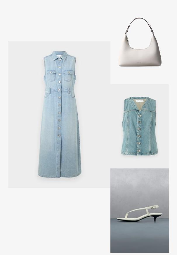 Lyseblå denimvest med V-udskæring, ærmeløs design, frontlukning med knapper og sølvaccenter, samt en tætsiddende silhuet.; Jeans ærmeløs kjole, lys blå, med knaplukning foran, to brystlommer, indsnævret talje og en lang, lige snit nederdel.; Hvid sandal med stropper og kitten-hæl med spids tå, svævende over et trægulv udendørs med en sløret plante og væg i baggrunden.; Cremefarvet skuldertaske i læder fra Calvin Klein med buet topkant, sølvfarvet lynlås og mørkebrun justerbar rem.