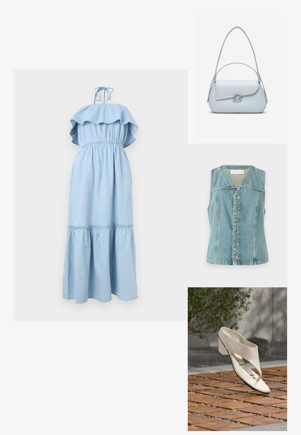Lyseblå denimvest med V-udskæring, ærmeløs design, frontlukning med knapper og sølvaccenter, samt en tætsiddende silhuet.; Lyseblå ærmeløs maxikjole med flæsekant ved halsudskæringen, elastisk talje, lagdelt nederdel og halterneck med bindelukning.; Hvid læderhæl sandal med bred rem og tåpost, vist udendørs på en overflade med træ og grusfliser med grønt i baggrunden.; Lyseblå lædertaske med rundet flap, sølvfarvet cirkulært lås og to skulderstropper mod en ensfarvet baggrund.