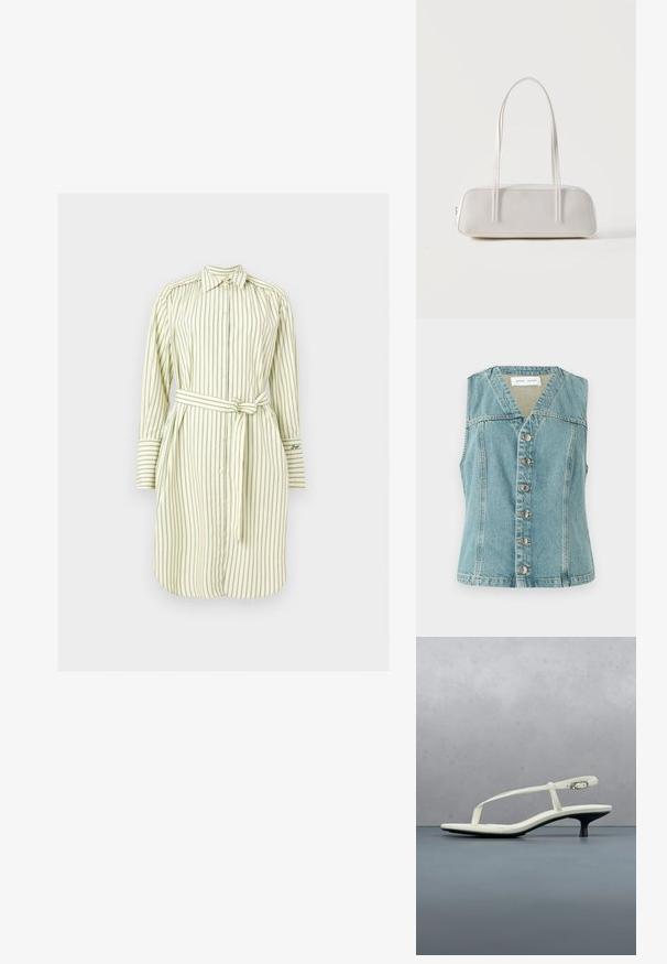 Lyseblå denimvest med V-udskæring, ærmeløs design, frontlukning med knapper og sølvaccenter, samt en tætsiddende silhuet.; Skjortekjole med lange ærmer og lodrette grønne striber, knappet front, spids krave, manchetærmer og et matchende bælte bundet om taljen.; Hvid sandal med stropper og kitten-hæl med spids tå, svævende over et trægulv udendørs med en sløret plante og væg i baggrunden.; Hvid rektangulær skuldertaske med lange tynde stropper, minimal syning og lynlåslukning på en ensfarvet baggrund.