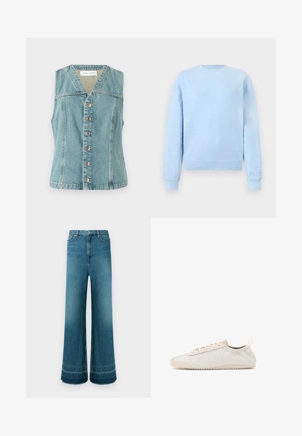 Lyseblå denimvest med V-udskæring, ærmeløs design, frontlukning med knapper og sølvaccenter, samt en tætsiddende silhuet.; Lyseblå crewneck sweatshirt med lange ærmer, ribstrikkede manchetter og kant, vist på en ensfarvet hvid baggrund.; Blå denimjeans med høj talje og vide ben, fem lommer, knaplukning og diskret falmning nær kantene.; Creme lædersneakers med rund tå, snørebånd, teksturerede detaljer og gummisål med tekstur, der har zigzag-mønster for godt greb.