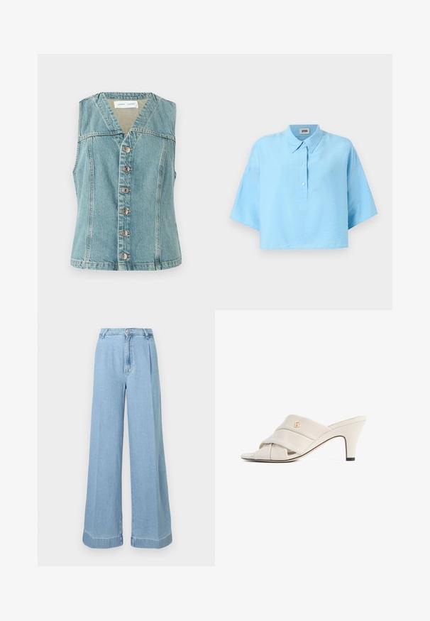 Lyseblå denimvest med V-udskæring, ærmeløs design, frontlukning med knapper og sølvaccenter, samt en tætsiddende silhuet.; Lyseblå cropped skjorte med krave, frontlukning med knapper og korte ærmer. Lavet af et glat, letvægtsstof.; Lyseblå denim bredbenede jeans med høj talje, folder foran og rå kant for et afslappet look.; Beige højhælede mules med et snoet læderstropdesign, åben tå og præget logoaccent. Hælen har en sort spidsdetalje.