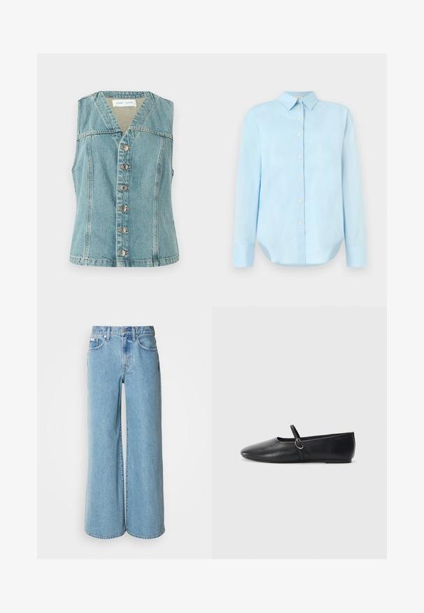 Lichtblauwe denimvest met een V-hals, mouwloos ontwerp, sluiting met knopen aan de voorkant met zilveren accenten, en een getailleerde pasvorm.; Lichtblauw overhemd met lange mouwen, een kraag, een afgeronde zoom en vijf knopen aan de voorkant; gemaakt van gladde, lichte stof.; Lichtblauwe wijde jeans van denim, met een hoge taille, vijf pockets en subtiele vervaging langs de stof.; Zwarte leren balletschoenen met een spitse neus, platte zool en een kleine strap met een zilveren gespsluiting.