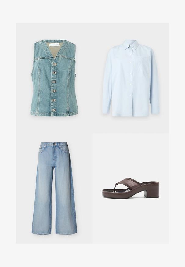 Lichtblauwe denimvest met een V-hals, mouwloos ontwerp, sluiting met knopen aan de voorkant met zilveren accenten, en een getailleerde pasvorm.; Lichtblauw, overhemd met lange mouwen en knopen, gemaakt van katoenen stof. Voorzien van een borstzak met een geborduurd logo, een klassieke kraag en een rechte pasvorm.; Lichtblauwe wijde jeans van denimstof, met hoge taille en knoopsluiting, met klassieke vijfzakken en gestikte details.; Bruine sandaal met hak, voorzien van een mesh bandje en teenslipperontwerp, met blokhak en gestikte zool, zijaanzicht op witte achtergrond.