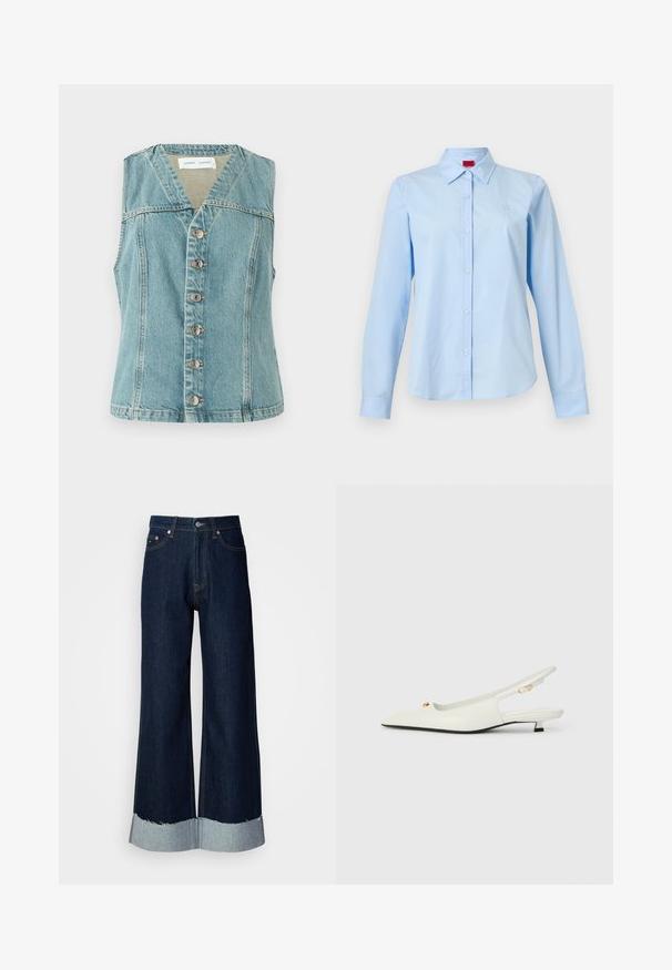 Lichtblauwe denimvest met een V-hals, mouwloos ontwerp, sluiting met knopen aan de voorkant met zilveren accenten, en een getailleerde pasvorm.; Lichtblauw shirt met lange mouwen, knoopsluiting en puntkraag, met een klein logo op de linkerborst, weergegeven op een effen witte achtergrond.; Wijde, donkere denim jeans met een rafelige, lichtdenim zoom. Heeft klassieke vijf-pocket styling en metalen hardware bij de taille.; Witte leren slingback schoenen met een spitse neus, gouden hardware accent en een lage blokhak. Zachte textuur met uitsnijdingen.