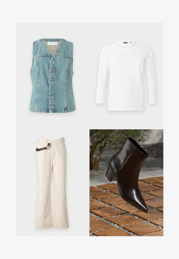 Lyseblå denimvest med V-udskæring, ærmeløs design, frontlukning med knapper og sølvaccenter, samt en tætsiddende silhuet.; Langærmet hvid overdel i blødt stof med rund halsudskæring og et lille dekorativt design nær brystet med en subtil glitrende detalje.; Pinko PAINT PANTALONE - Bukser - beige betulla; Sort læder ankelstøvle med spids tå, blokhæl og glat tekstur, placeret over en overflade af træ og grus.