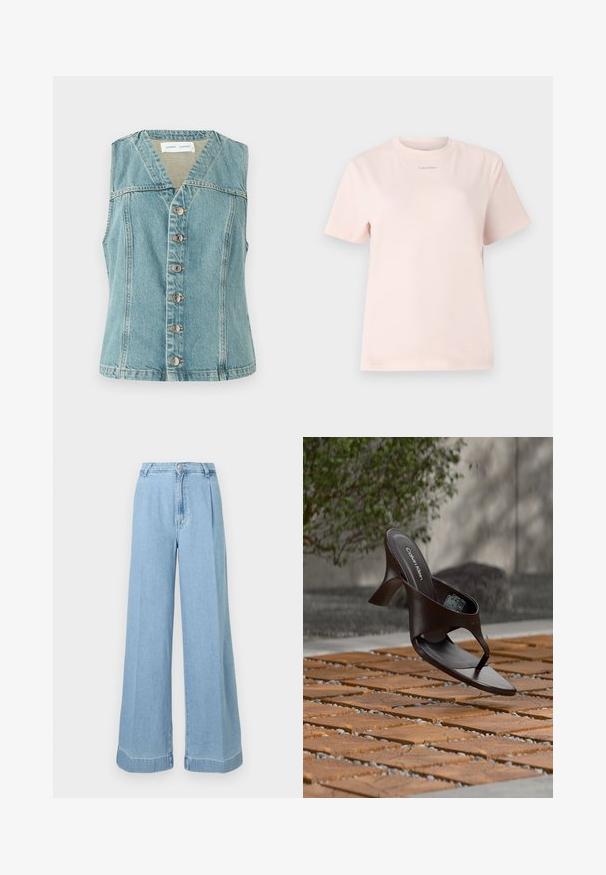 Lyseblå denimvest med V-udskæring, ærmeløs design, frontlukning med knapper og sølvaccenter, samt en tætsiddende silhuet.; Lyserød bomulds t-shirt med rund hals, korte ærmer og et lille "Calvin Klein" logo trykt i en matchende farve på brystet.; Lyseblå denim bredbenede jeans med høj talje, folder foran og rå kant for et afslappet look.; Brun Calvin Klein hælet thong sandal svævende over træflise og grus udendørs med sløret grønt og stenmur i baggrunden.