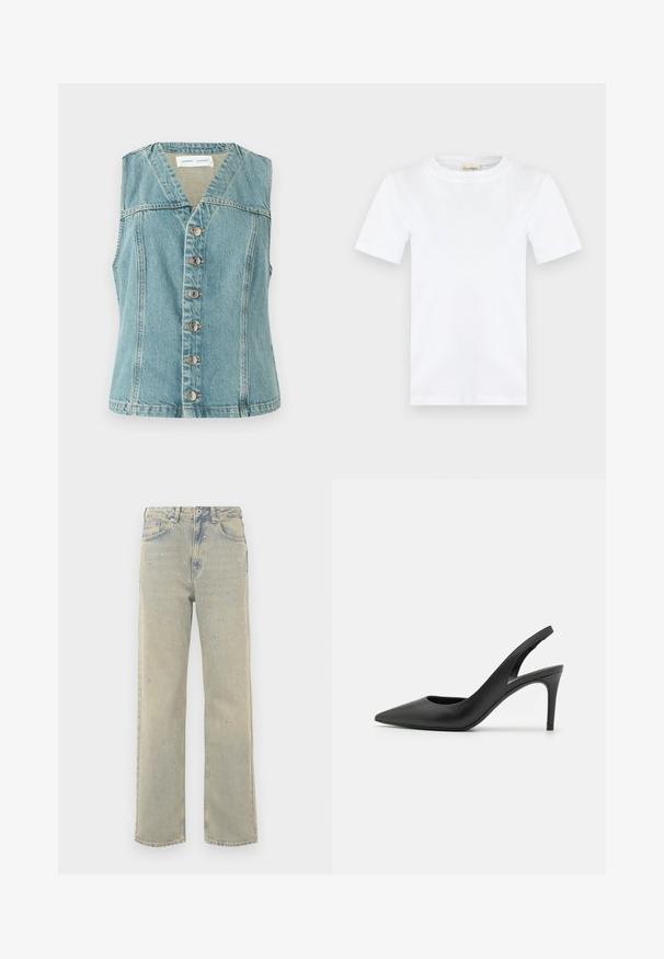 Lichtblauwe denimvest met een V-hals, mouwloos ontwerp, sluiting met knopen aan de voorkant met zilveren accenten, en een getailleerde pasvorm.; Effen wit T-shirt met korte mouwen en een ronde hals, met een klein beige label aan de binnenkant van de kraag met de tekst "CLOSED."; Lichtblauwe denim wijde broek met een vervaagde afwerking, versierd met zilveren studs die in cirkelpatronen aan de voorkant zijn geplaatst.; Zwarte leren slingback hoge hakken met een puntige neus, met een uitsparing aan de voorkant en een dunne stilettohak.