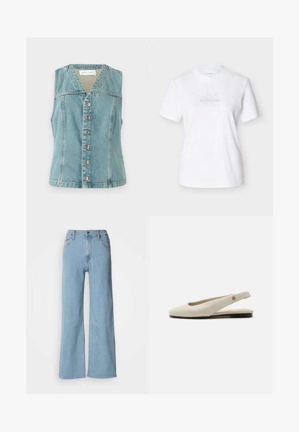 Lyseblå denimvest med V-udskæring, ærmeløs design, frontlukning med knapper og sølvaccenter, samt en tætsiddende silhuet.; Hvid bomulds t-shirt med korte ærmer, der har et gråt logo foran, rund halsudskæring og klassisk pasform.; Lyseblå vidde jeans lavet af denim, med en tætsiddende talje, fem-lomme design og subtile syningsdetaljer.; Flatsko i cremefarvet læder med rundet tå og lille guldemblem på remmen.