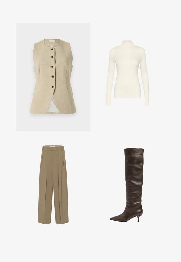 Beige linned vest med en rund halsudskæring, frontknaplukning og to sidelommer; har en glat tekstur og en skræddersyet pasform.; Hvid langærmet turtleneck-top, lavet af glat stof med en tætsiddende form, der har en høj krave og et minimalistisk design.; Beige vidde bukser lavet af tekstureret stof, med høj talje, læg og et rent, struktureret design. Skræddersyet finish uden synlig hardware.; Scarosso SCAROSSO - Høje støvler/ Støvler - dark brown - calf
