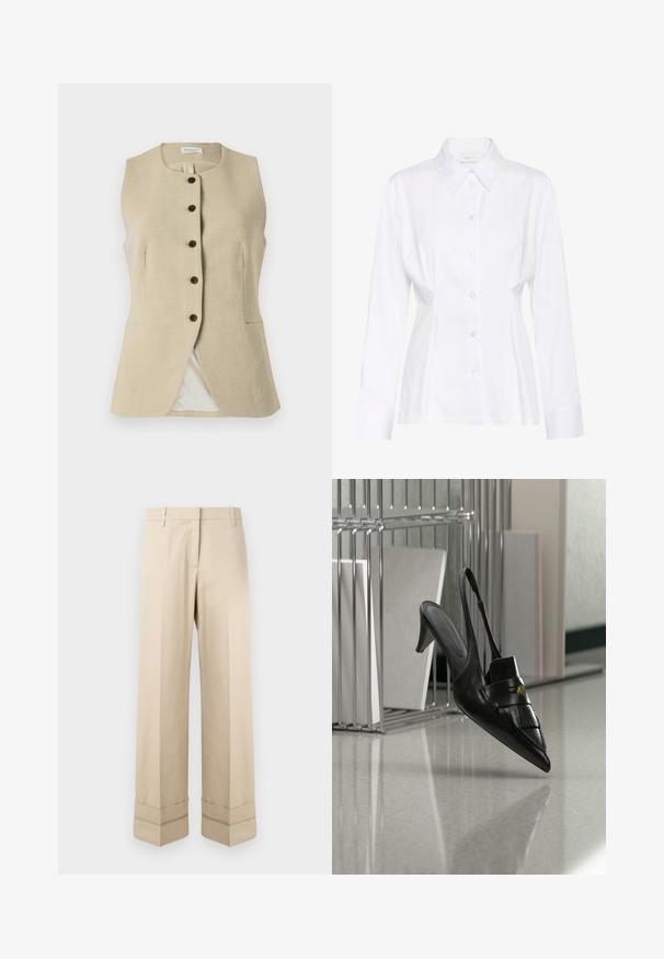 Beige linned vest med en rund halsudskæring, frontknaplukning og to sidelommer; har en glat tekstur og en skræddersyet pasform.; Hvid langærmet skjorte med knapper, spidst krave, figursyet talje og synligt mærke "Gestuz" inde i kraven.; Beige bukser med lige pasform, der har en dobbelt manchet i kanten og en flad frontdesign. Lavet af glat, slidstærkt stof.; Sort læder slingback hæl med spids tå, frynser og guldknapdetalje på en reflekterende gulv nær metalarkivholdere.
