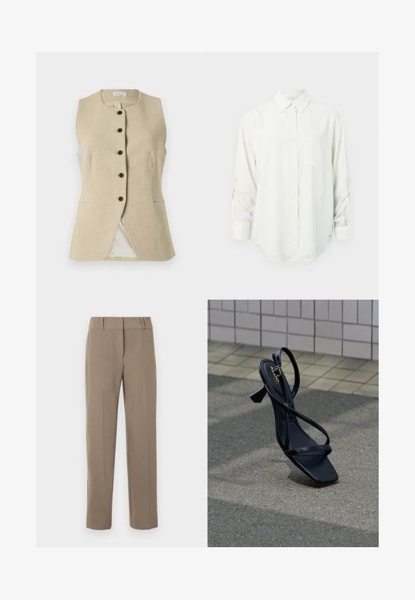 Beige linned vest med en rund halsudskæring, frontknaplukning og to sidelommer; har en glat tekstur og en skræddersyet pasform.; Hvid langærmet skjorte med krave, enkelt brystlomme og opsmøgede ærmer. Blødt, glat stof og afslappet pasform.; Klassiske kaki bukser med lige ben, bæltestropper og lynlås foran på hvid baggrund.; Sort hællet sandal med firkantet tå, der har tynde stropdetaljer og en lille blokhæl. Glat, skinnende materiale med guldfarvet accent.