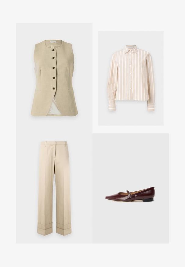Beige linned vest med en rund halsudskæring, frontknaplukning og to sidelommer; har en glat tekstur og en skræddersyet pasform.; Beige og hvid langærmet skjorte med vertikale striber, spidst krave og knapper ved manchetter, vist på en lys flad baggrund.; Beige bukser med lige pasform, der har en dobbelt manchet i kanten og en flad frontdesign. Lavet af glat, slidstærkt stof.; Burgundyrød patenteret lædersko med spids tå og en dekorativ rem over vristen. Har en lav sort hæl.