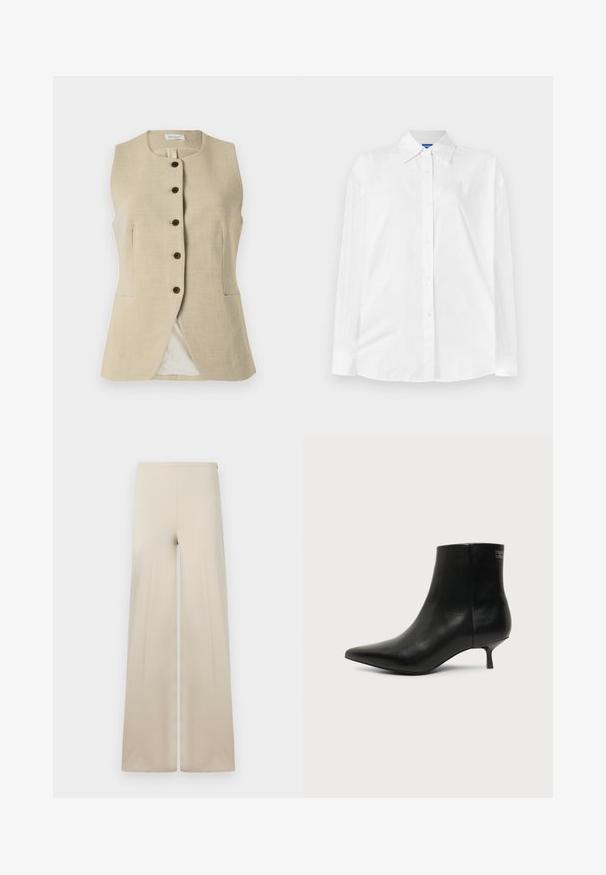 Beige linned vest med en rund halsudskæring, frontknaplukning og to sidelommer; har en glat tekstur og en skræddersyet pasform.; Hvid langærmet skjorte med knapper og klassisk krave, der har et subtilt præget logo mønster og lige kant. Glat stoftekstur.; Beige vidde bukser lavet af blødt stof med en glat tekstur. Har en høj elastisk talje for komfort og et rent, minimalistisk design.; Sort læder ankelstøvle med spids tå og lav kitten hæl på lys baggrund, der viser yderside.