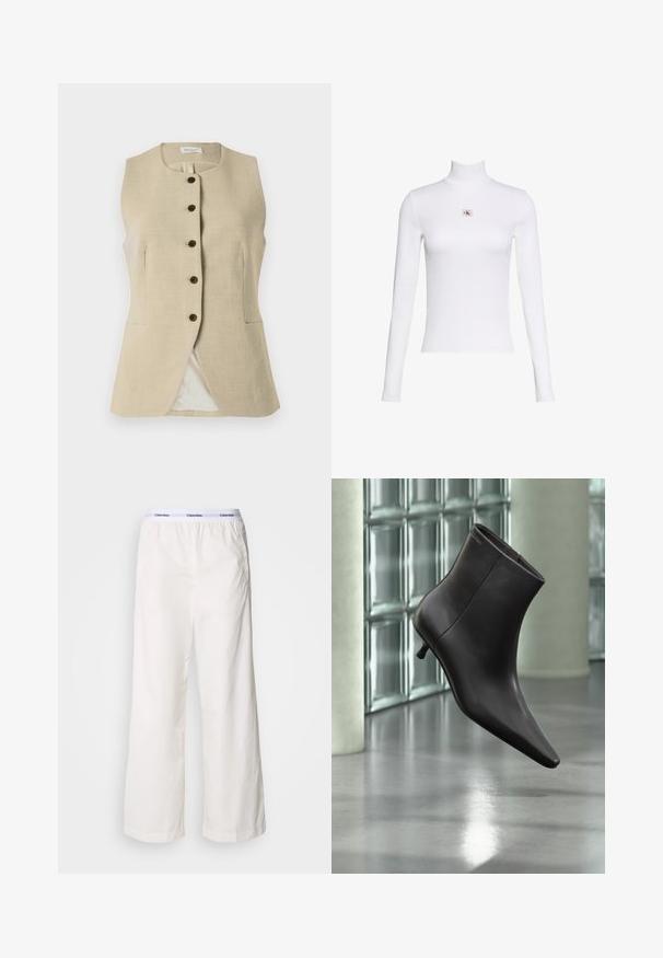 Beige linned vest med en rund halsudskæring, frontknaplukning og to sidelommer; har en glat tekstur og en skræddersyet pasform.; Hvid langærmet rullekravetop med lille Calvin Klein-logo patch centreret på brystet på en ensfarvet hvid baggrund.; Hvide brede bukser med elastisk talje og et kontrasterende Calvin Klein-logo. Fremstillet af glat stof, giver de en afslappet pasform.; Sort læderankelstøvle med spids tå og lille hæl vist mod en væg af glasblokke og poleret gulv baggrund.