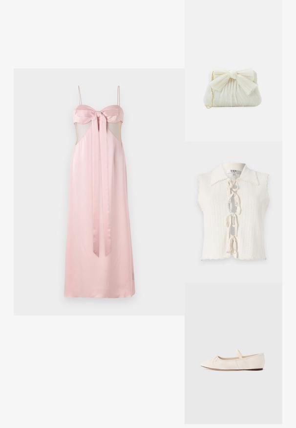 Hvid ærmeløs top med en bølget krave, struktureret strikket mønster, frontlukning med sløjfer og et cropped fald.; Pink satin kjole med smalle stropper, sløjfe-detalje ved brystet og gennemskårne sider. Gulvlængde med en glat tekstur.; Ballerinasko med lys beige ruskindsoverdel, spids tå og en tynd elastikrem over vristen. Flad sål med minimal gummidetalje.; Hvid plisseret clutch-taske med en fremtrædende sløjfedetalje og en guldkædetras. Blød tekstur med et samlet design på forsiden.