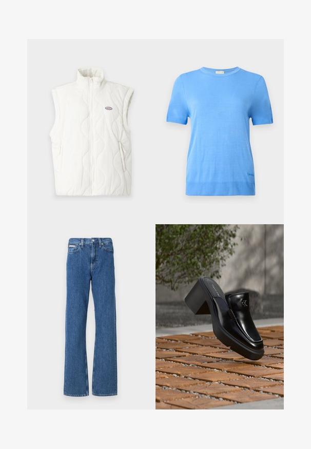 Valge vatitatud vest kõrge kaelusega, ees lukuga ja kahe küljetaskuga. Omab väikest logopatch'i vasakul rinnal.; Calvin Klein Džemper - blue twilight; Sinised teksapüksid sirge lõikega, keskhõõrdumise vöökoha ja esitaskutega, õrnade kulumiste detailidega.; Mustast nahast Calvin Kleini slip-on mules, millel on plokk-konts, toetub puitplaatidele õues, lähedal rohelisele taimele ja hallile seinale.
