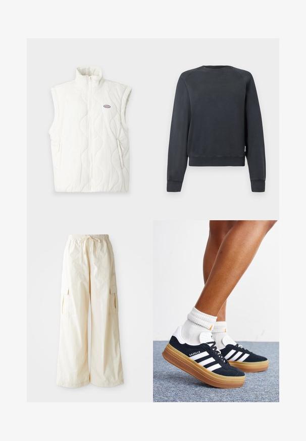 Valge vatitatud vest kõrge kaelusega, ees lukuga ja kahe küljetaskuga. Omab väikest logopatch'i vasakul rinnal.; Tumehall kašmiriga sweatshirt ümarate kraega, raglan varrukatega ja soonikuäärtega. Sile tekstuur, ilma nähtavate mustrite või aktsentideta.; Laiad jalgadega cargo püksid helesinises kangas, millel on elastne vöökoht, paelaknaga sulgemine ja küljetaskud. Sile tekstuur minimaalse detailiga.; Jalad valgete sokkide ja mustade Adidas Gazelle tossudega, millel on valged triibud ja paksud pruunid tallad, halli vaibaga põrandal.