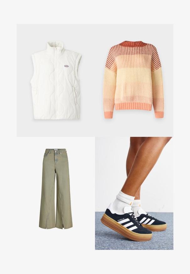 Biely prešívaný vest, s vysokým golierom, predným zipsom a dvoma bočnými vreckami. Obsahuje malú nášivku s logom na ľavej hrudi.; Rip Curl SOLEIL - Svetrík - burnt red; Svetlozelené široké džínsy vyrobené z denimu, s vysokým pásom, bočnými rozparkami a klasickým detailom vrecka.; Nohy v bielych ponožkách a čiernych teniskách Adidas Gazelle s bielymi pruhmi a hrubými hnedými podrážkami na sivom koberci.