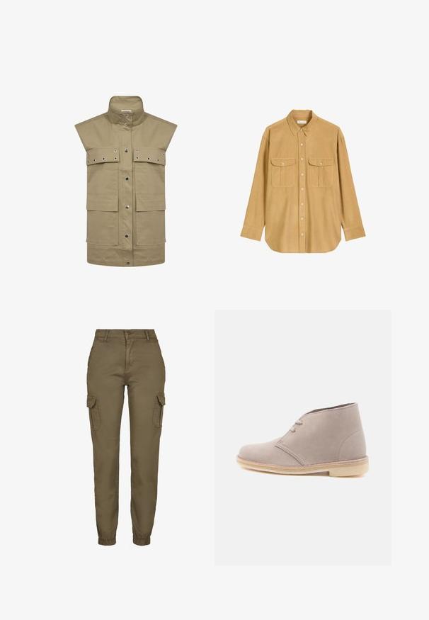 Khaki ærmeløs vest lavet af slidstærkt stof, med store frontlommer, trykknaplukning og metaløje-detaljer.; Bison knapstribet skjorte med klassisk krave, lange ærmer og to brystlommer. Lavet af et blødt stof med en glat overflade.; Cargo bukser i olivengrøn, lavet af glat stof, med sidelommer, knaplukning og elastiske manchetter ved anklerne.; Lyse beige ørkenstøvle i ruskind med to snørehuller og crepesål, vist i profil mod en ensfarvet hvid baggrund.