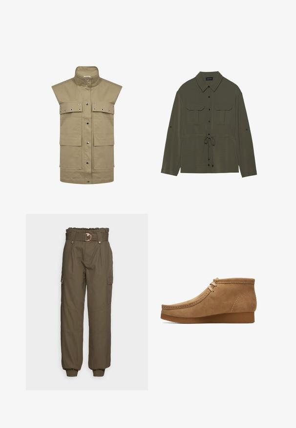 Khaki ærmeløs vest lavet af slidstærkt stof, med store frontlommer, trykknaplukning og metaløje-detaljer.; Olivenfarvet skjortejakke med knaplukning, to brystlommer og snor i taljen. Har klassisk krave og lange ærmer.; ONLY ONLSAIGE PANT - Bukser - kalamata; Tan ruskind ankelstøvle med en rund tå, syninger langs overdelen og en tekstureret gummisål. Enkel snørelukkedesign.