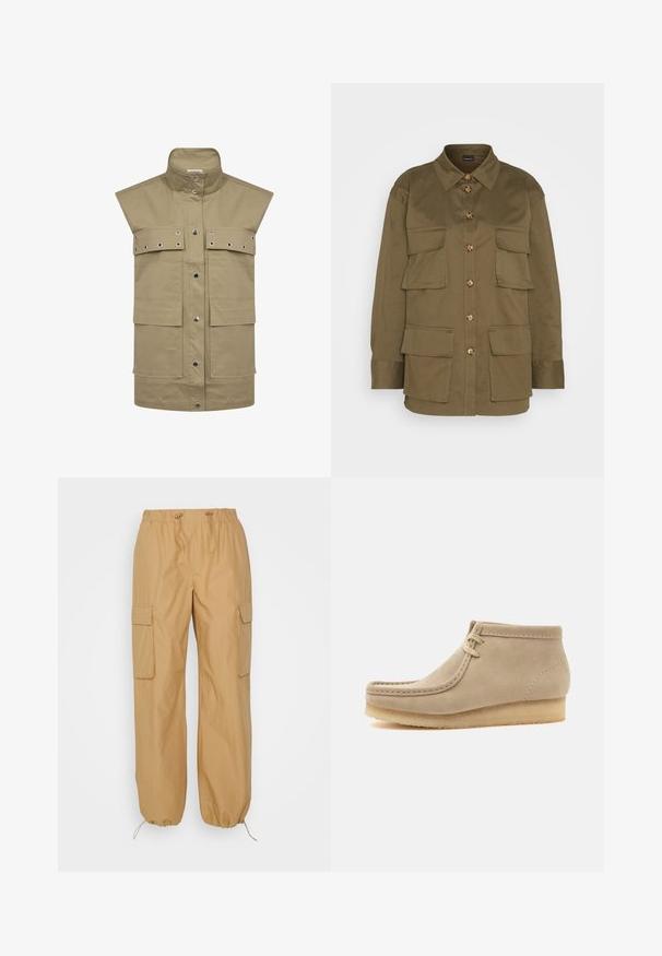 Khaki ærmeløs vest lavet af slidstærkt stof, med store frontlommer, trykknaplukning og metaløje-detaljer.; Gina Tricot CARGO SHIRT - Skjortebluser - khaki green; b.young BYDEMETE - Cargobukser - tiger's eye; Beige ruskind-ankelstøvle med crepe sål og mokkasinsting, med to snørehuller og flad hæl.