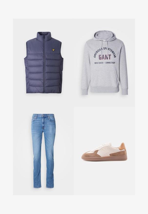 Marineblå polstret vest med høj krave og frontlynlås. Har vandrette syninger og et lille broderet gult logo på brystet.; Grå hættetrøje med lomme foran, der har sort og rød tekst "GANT" og "AMERICAN SPORTSWEAR" på brystet. Teksten er buet.; Herreblå denimjeans med lige snit, for- og baglommer samt et lille Calvin Klein-mærke nær den forreste højre lomme.; Hvid og tan lavtop-sneaker med ruskindsdetaljer, perforerede sider, hvide snørebånd og en struktureret gummisål, vist fra siden på hvid baggrund.